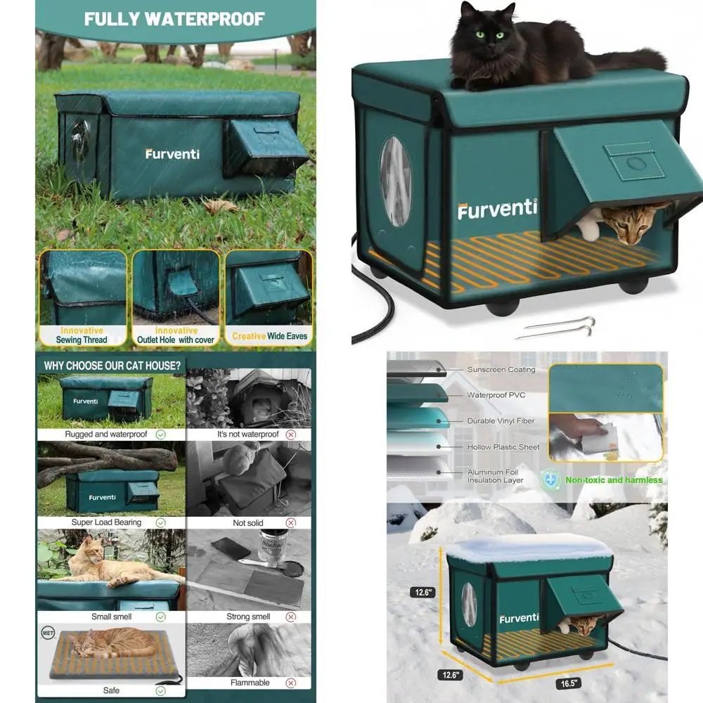 

Dual-Door Insulated Outdoor Cat House with Heating Pad - Weatherproof for Feral Cats, Deep Green, 17.5 L x 12 W x 13 H