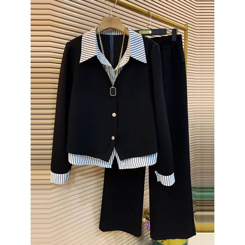 

Комплект для поездок на работу, большой размер 300, полосатый воротник, искусственный двухсекционный топ на одной пуговице, широкие брюки, комплект из двух предметов