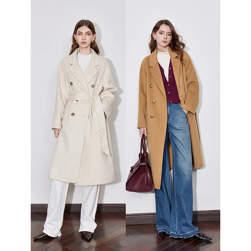 TOYOUTH Women Wool Coat 2024 Autumn Winter New Silk Notched Shawl Collar Double Side Double Single Breasted Button Woolen Coat