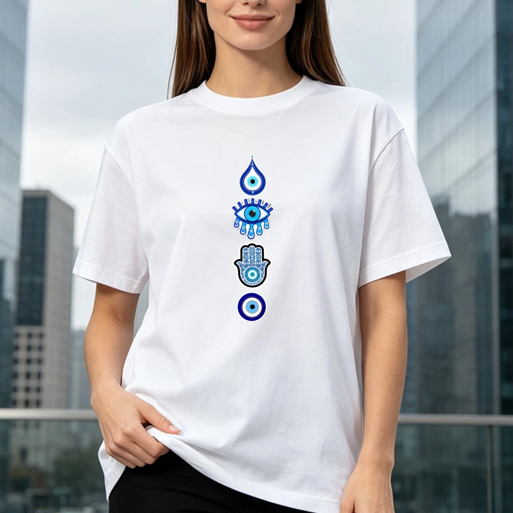 Fashion Hamsa And Eye Vertical Graphic Tee Spiritual Amulet Collection Women Casual Shirt Popular cultural Tshirt Cotton Tees