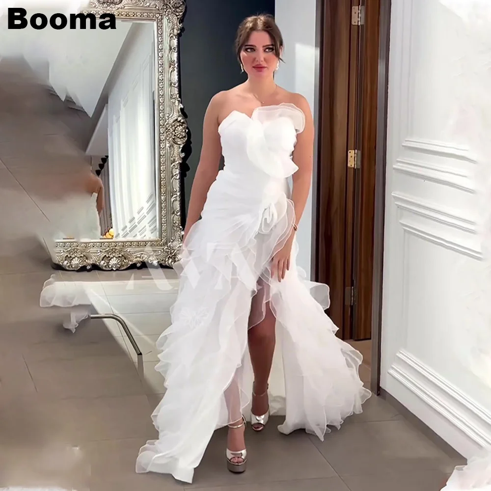 Booma Strapless Wedding Party Dresses for Women Ruffles Side Slit Evening Dress Sleeveless Lace Up Prom Gowns Dubai