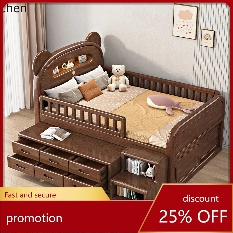 HXL Solid Wood Bed Walnut Half Height Bed with Guardrail Storage Multi-Function