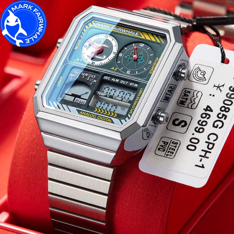 MARK FAIRWHALE Watches for Man 4460 Stainless Steel Trend Square Dial Multifunctional Alarm Clock Luminous Waterproof Men Watch