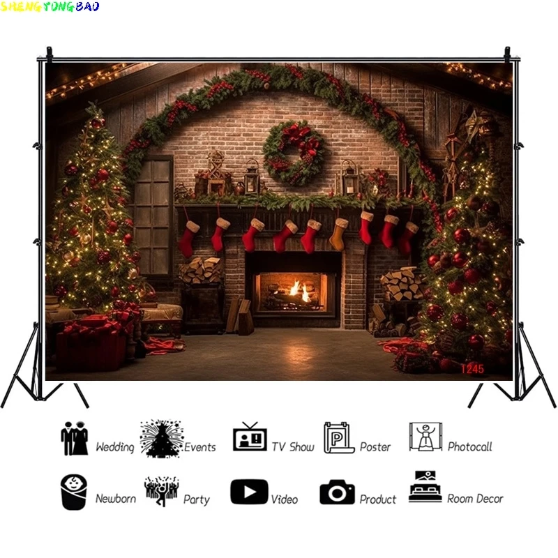 

Vinyl Custom Christmas Day Fireplace Photography Backdrops New Year Candy Chimneys Snowflake Window Studio Background WW-44