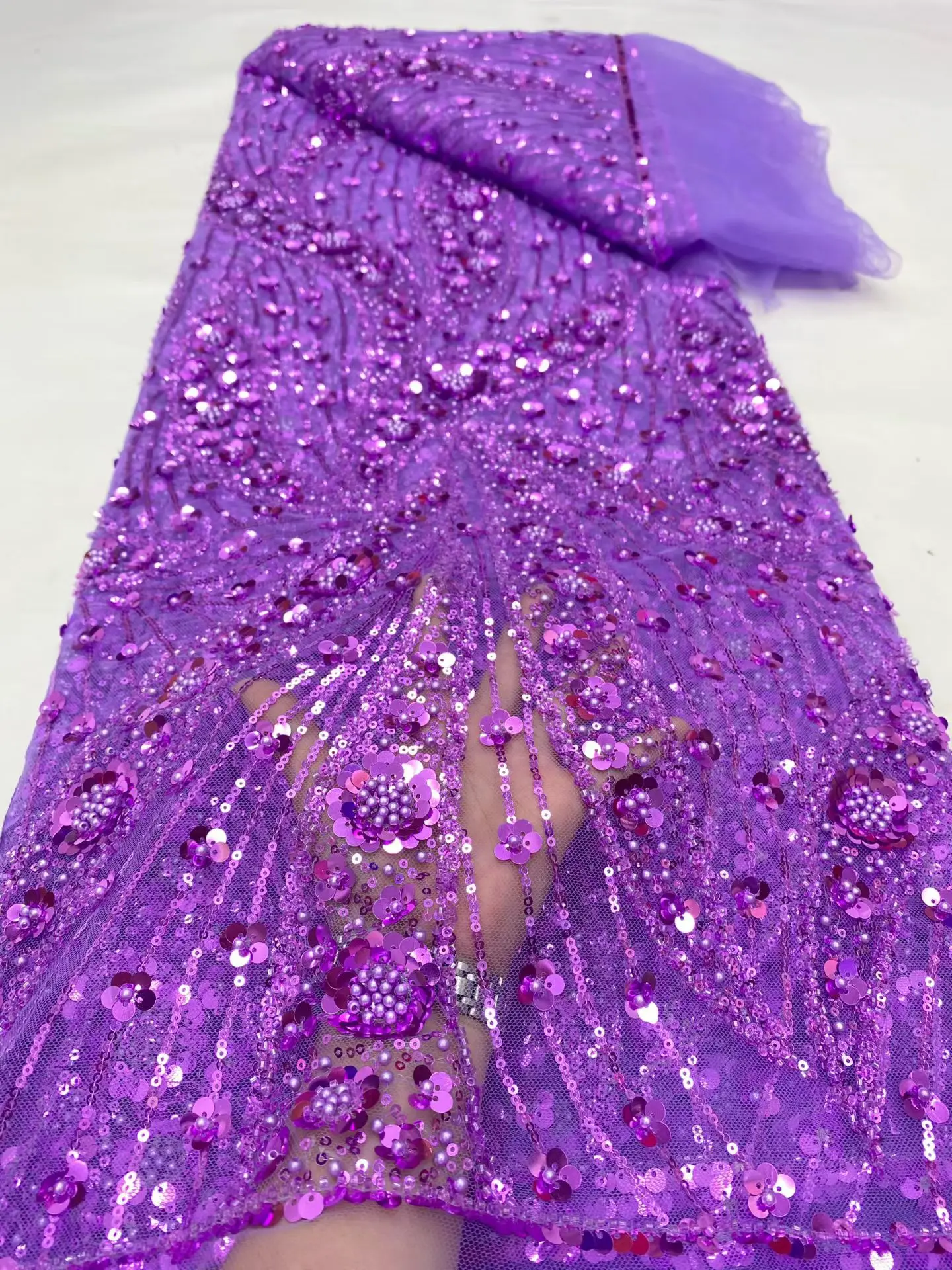 

2025 African Nigerian High-Quality Tulle Lace Fabric Sequins for Prom Dresses Beads Embroidery Net Cloth Sewing 5Yard DP0482