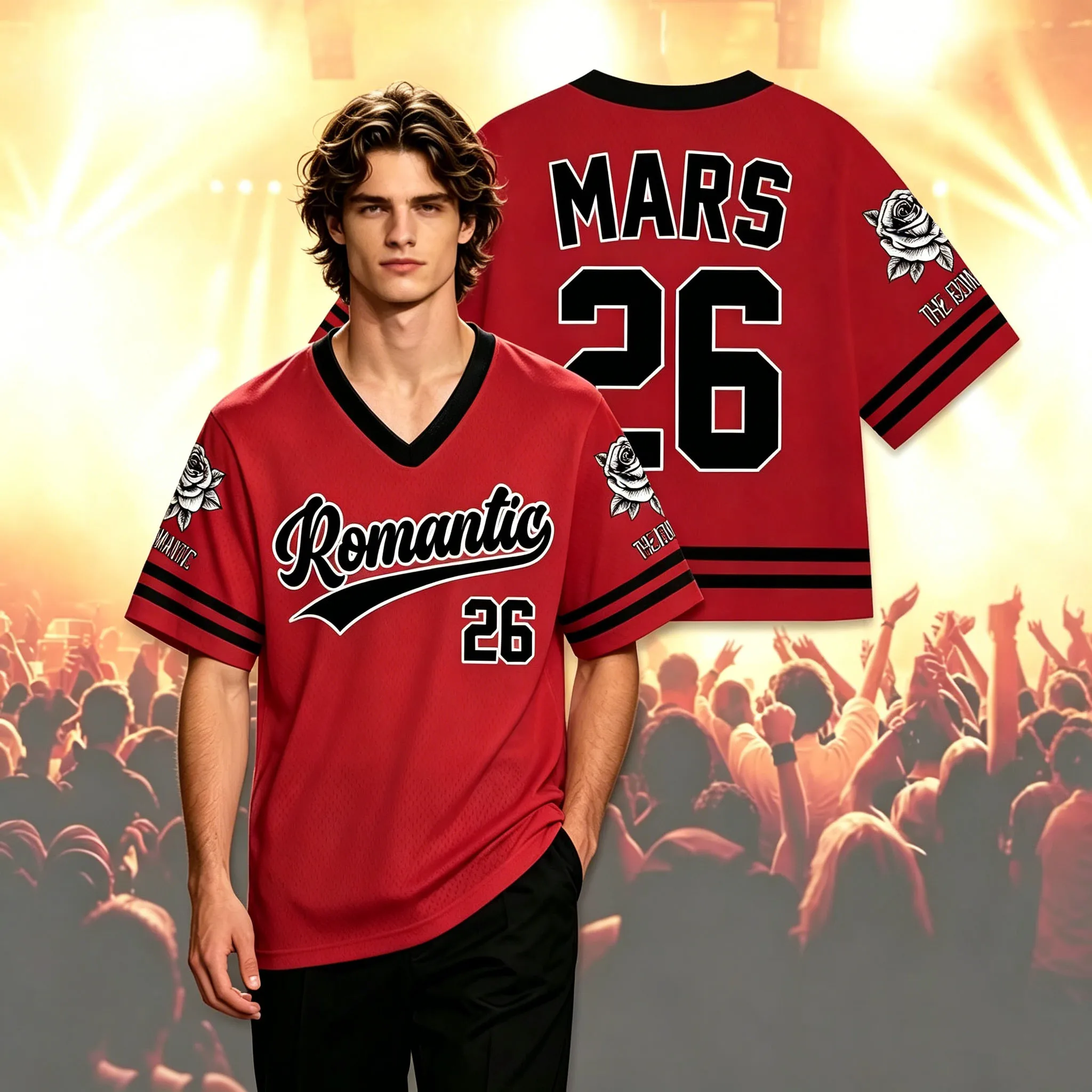 Bruno Mars 2026 Romantic Tour Jersey, Y2K Retro Rose Print V-Neck Tee, Unisex Hip Hop Streetwear Top For Fans Kids Adults