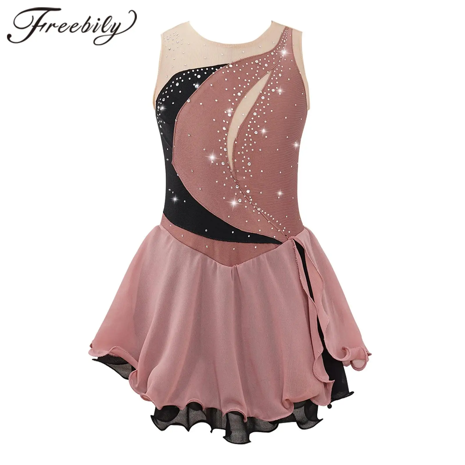 Children Ballet Gymnastics Leotard Dress Sleeveless Rhinestone Lyrical Dance Costume Girl's Dancewear Kids Figure Skating Dress