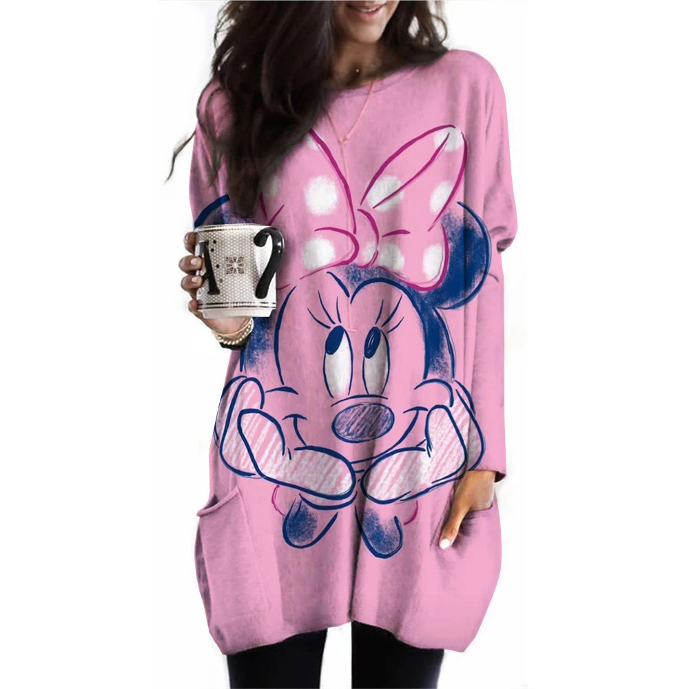 Oversized round neck loose casual pocket T-shirt for women, long sleeved Disney Mickey Mouse printed pullover for women, fashion