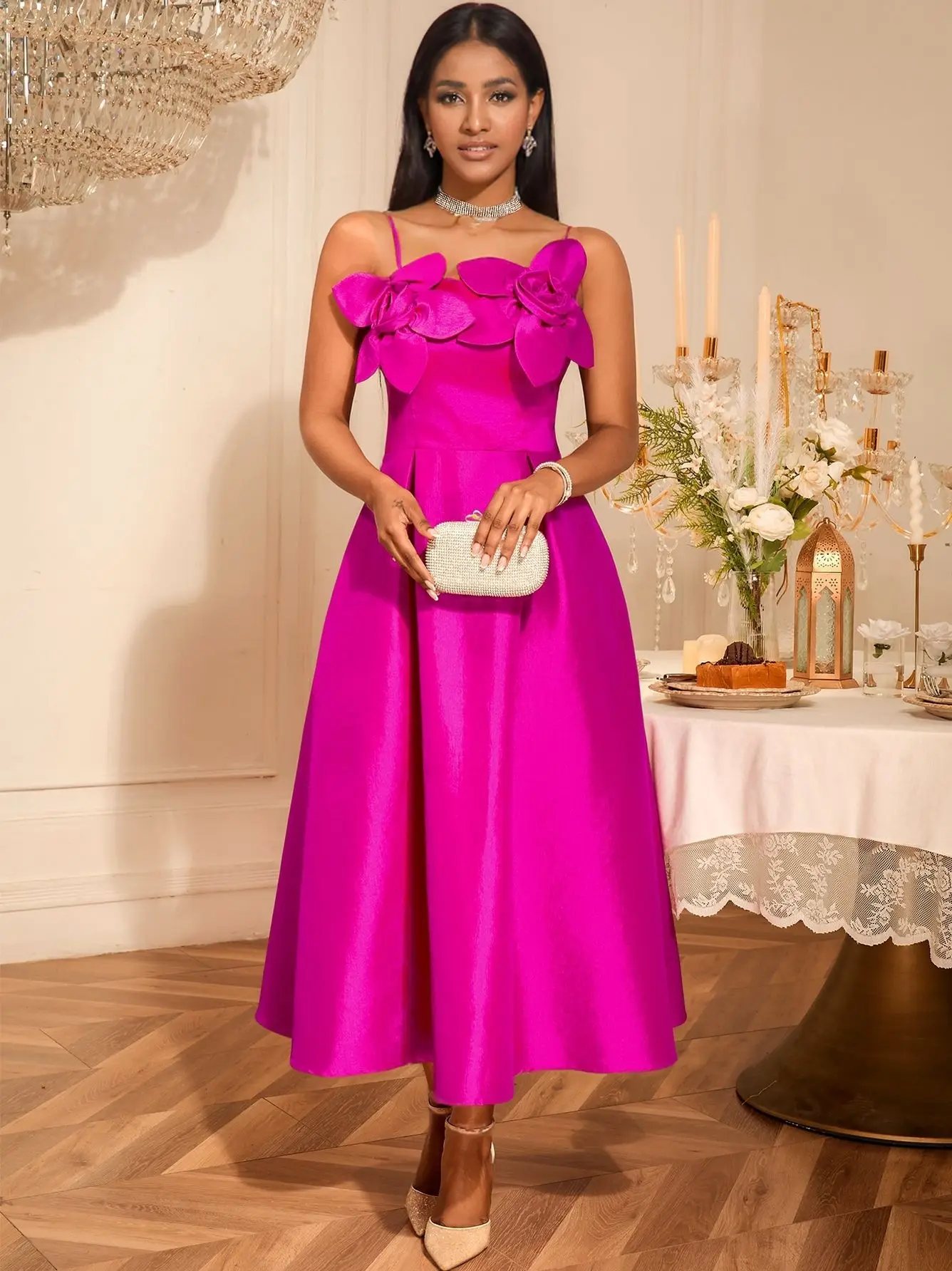 مثير الحمالات 3D زهرة حزب اللباس مأدبة العباءات عالية الخصر ألف خط أكمام الطيات عيد الميلاد امرأة فساتين السهرة