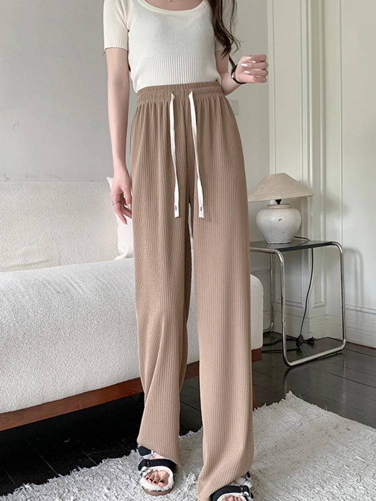 2024 Ribbed High Waist Loose Women Wide Leg Pants Female Floor-Length Solid Drawstring Pants Ladies Long Trousers