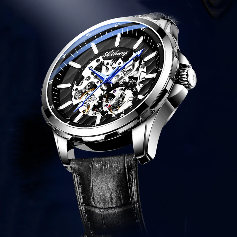 AILANG Luxury Brand Man Skeleton Automatic Mechanical Watch Leather Strap Casual Sport Men Watches Blue Needle Reloj Hombre