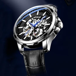 AILANG Luxury Brand Man Skeleton Automatic Mechanical Watch Leather Strap Casual Sport Men Watches Blue Needle Reloj Hombre