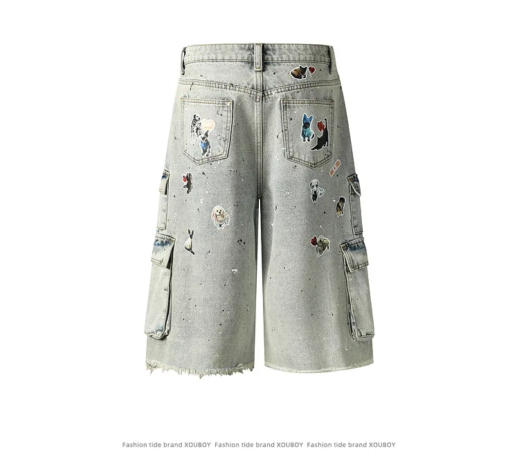 Men's Fashion Painted Short Jeans Loose Fit Washed Vintage Cargo Denim Trousers With Multi Pockets Baggy Printed Jeans