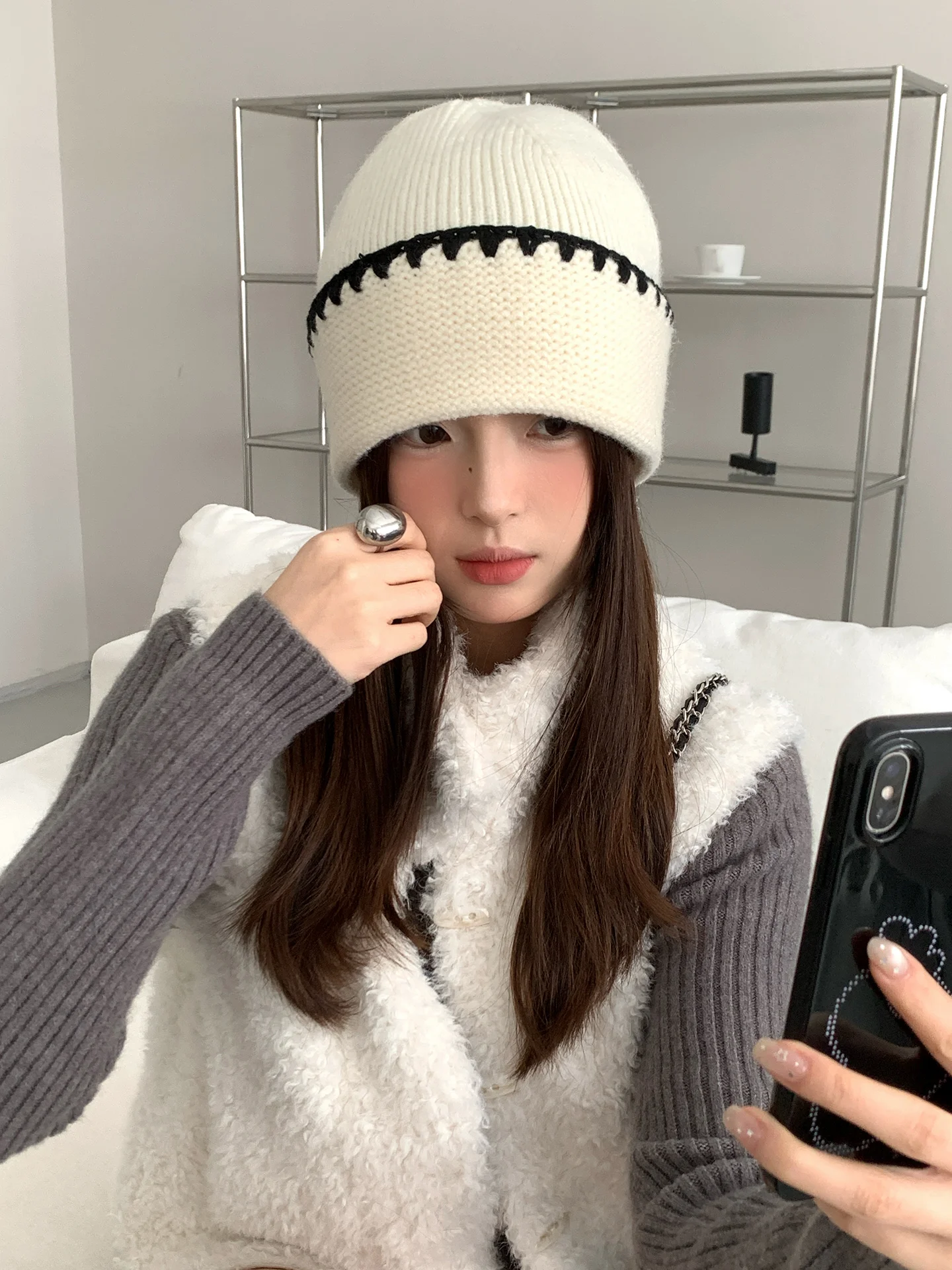 Korean Style Versatile Color-Blocking Striped Knitted Hat For Women Thickened Ear Protection For Warmth A Hooded Hat