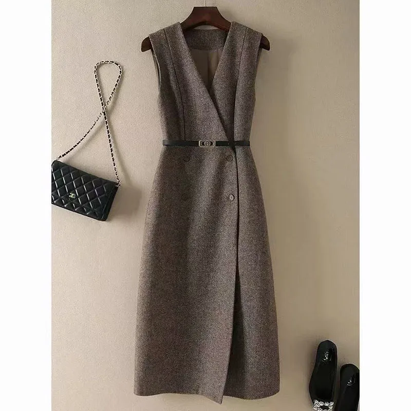 2026 Neues Wollmischgewebe Westenkleid Damen V-Ausschnitt Ärmellos Büro Midikleid Elegantes Taillengürtel-Bodycon-Kleid