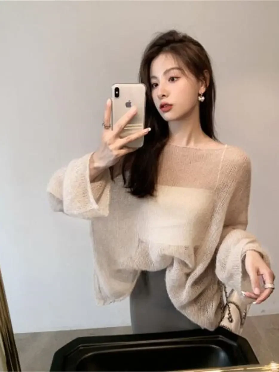 Women Pullover Solid Color Mohair Sweater Loose Oversized Sexy Off Shoulder Hollow Knit See Through Long Sleeve Sweater V767