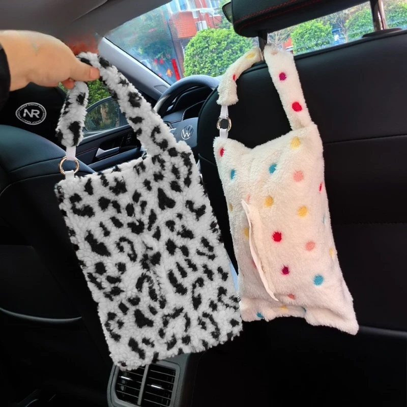 Fluffy Car Tissue Holder, Leopard & Polka Dot Tissue Box Cover with Hanging Ring, Cute Auto Interior Accessory, Universal Fit