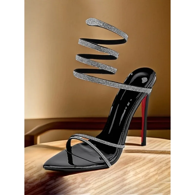 Loook Store 2026 Water Diamond Serpentine Wrapped Sexy High Heels Strap Sandals Thin Heels Open Toe Red Bottom Shoes（35-46）