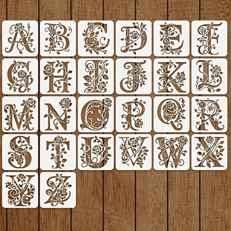 36 Moldes de letras florais reutilizáveis, modelo de pintura de letras com rosas, modelo de grafite vazado, molde para impressão a jato de tinta para decoração de parede