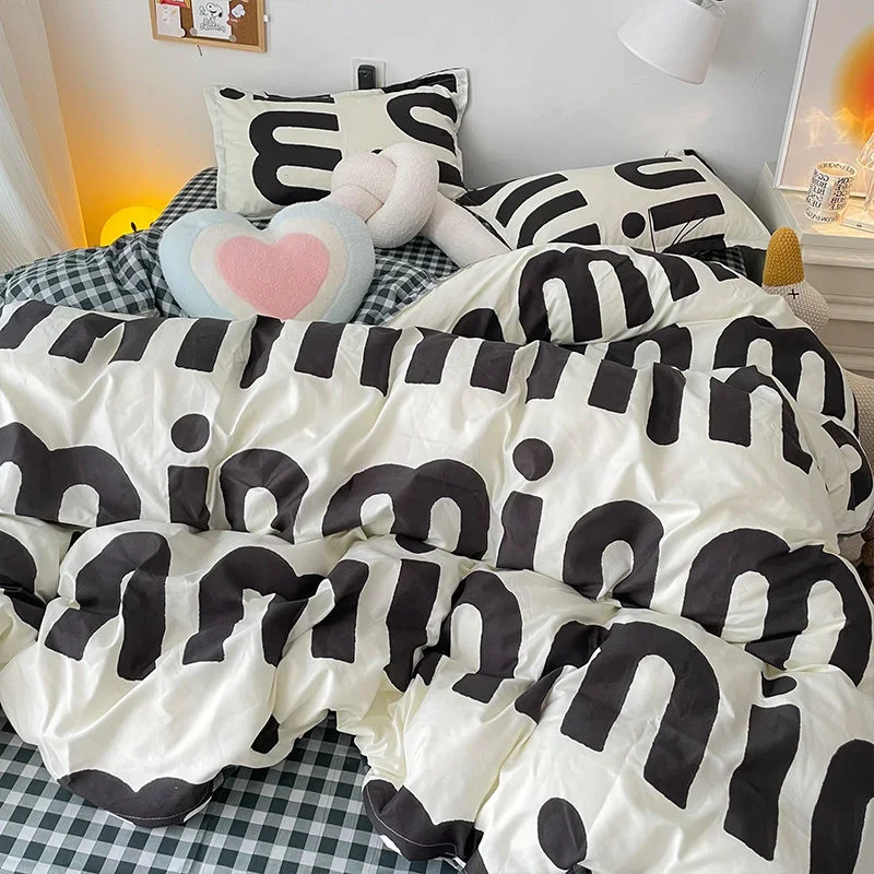 Korean Style Black Letter Bedding Set Bed Flat Sheet Pillowcase Fashion Duvet Cover Set Kid Adult Queen Full Twin Size Bed Cover