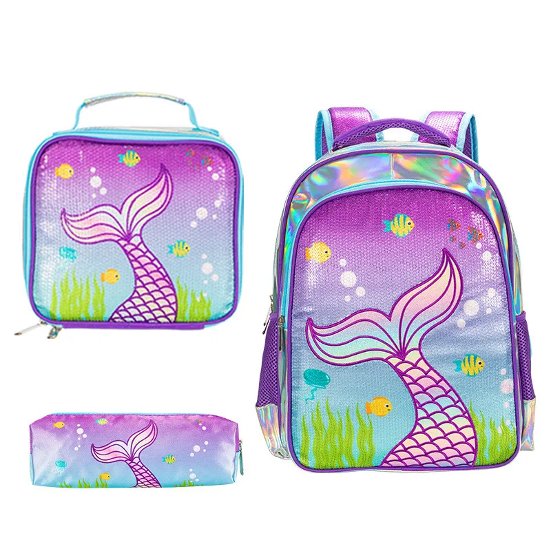 Girls Waterproof Backpack Mermaid 3 Piece Set Primary School Student School Bag Insulated Lunch Bag and Pencil Case