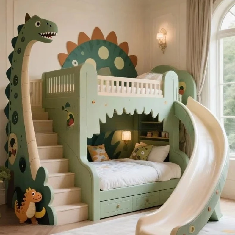 Cama de dinosaurio, diseño personalizado de habitaciones infantiles con temática de dinosaurios, habitaciones infantiles, viene con diapositivas, almacenamiento, cama tipo Loft, muebles para niños