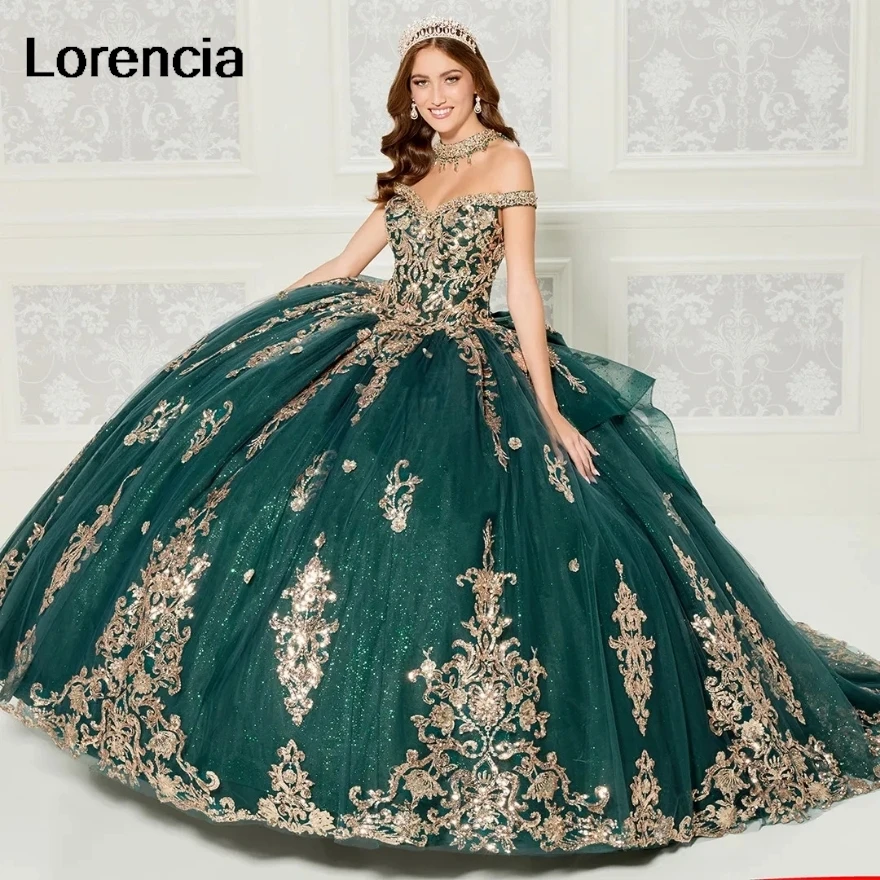 

Customized Emerald Green Quinceanera Dress Teddy Beddy Bears Gold Lace Applique Beads Corset Sweet 16 Vestidos De 15 Años QDT1