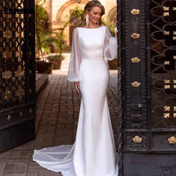 Exquisite Mermaid Wedding Dress Satin 2024 New Design O-Neck Open Back Bride Dresses Brush Train Floor Length robe de mariée
