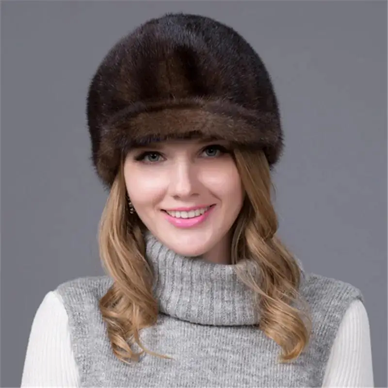 JKP 100% Natural Whole Fur Mink Fur Caps Visors Cute for Women Real Leather Winter Mink Fur Ear Protection Hat  Bomber Caps