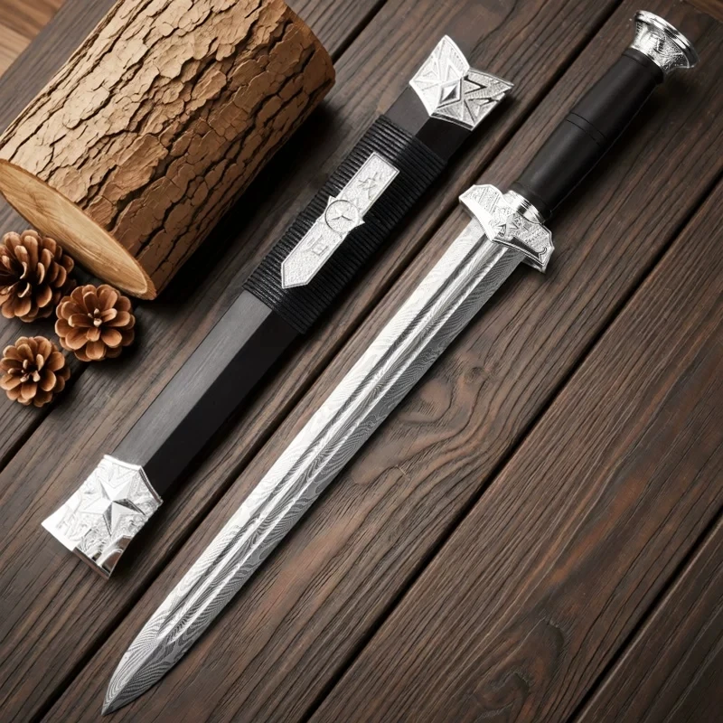 Short Sword Replica Novelty Craft Sword Twisted Pattern Folded Steel Blade Silver Zinc Alloy Fittings & Ebony Wood Scabbard - view 5