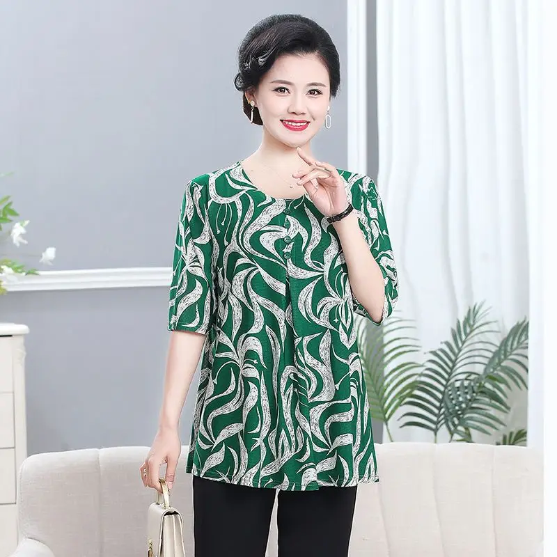 Women Summer Fashion Loose Large Size Elegant Printing O-neck Short Sleeve Shirts Ladies Casual All-match Appear Thin Top Tee