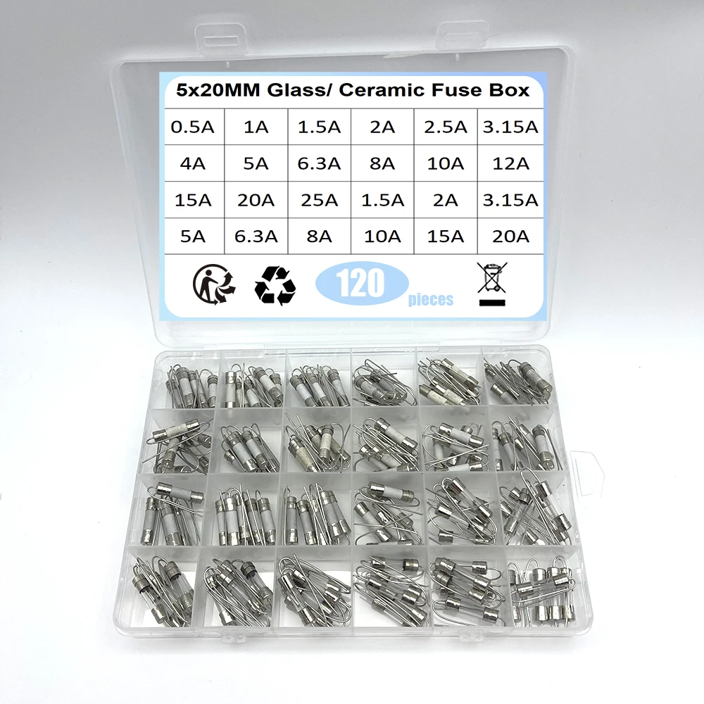 120Pcs/Box 24Values 5x20mm Fast Blow Ceramic Glass Fuse Kit 0.1A 0.5A 1A 2A 3A 5A 6A 8A 10A 15A /250V Insurance Tube Pack