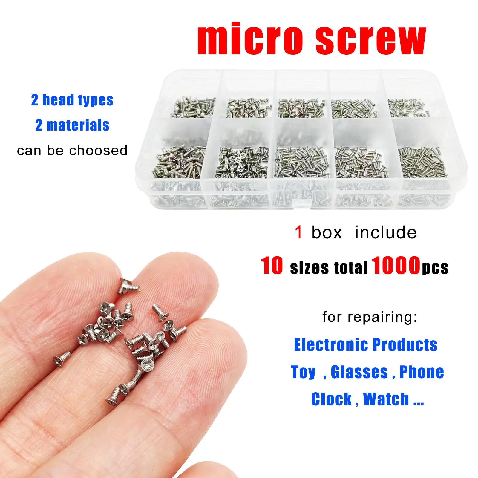 1000pc/box Micro Small M1.2 M1.4 M1.6 Screw Bolt Set Kit for Toy Car Electronic Products Glasses Phone 304 Stainless Steel Black