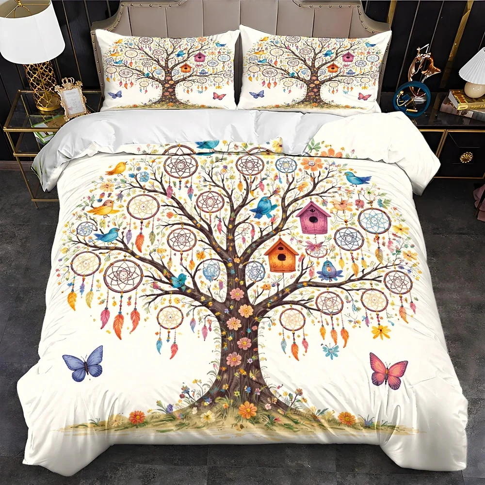 3Pc Dreamcatcher Tree Flower Bird Butterfly Duvet Cover Set, Three-Piece Bedding Set (1*Duvet Cover + 2*Pillowcases), Suitable for All Seasons, Machine Washable, Invisible Zipper Design, Large Double Bed Cover Set, Suitable for Home, Dormitory, Master Bedroom, Guest Room, Fresh Forest-Style Illustration Bedding, Dreamy Floral and Butterfly Print, Soft and Skin-Friendly Bedding, Cross-Border Best-Selling Bedding Set