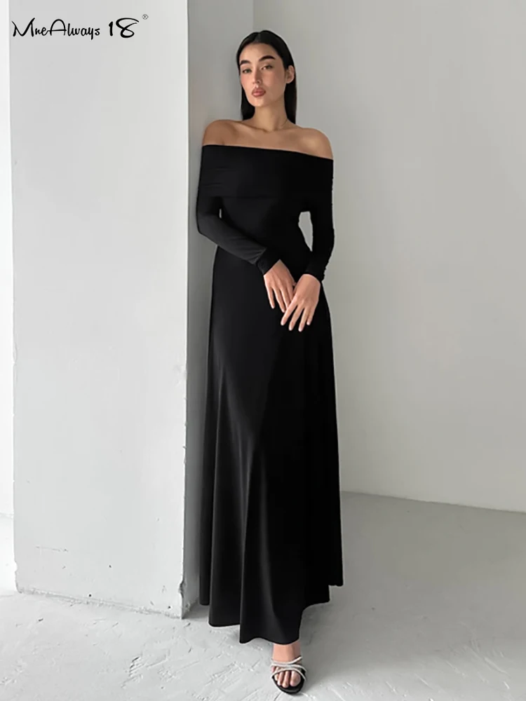 Mnealways18 Terry Knitted Slash Neck Long Dresses Women Solid Party Evening Ruched Ankle-Length Dress Autumn 2024 Knitwear Dress