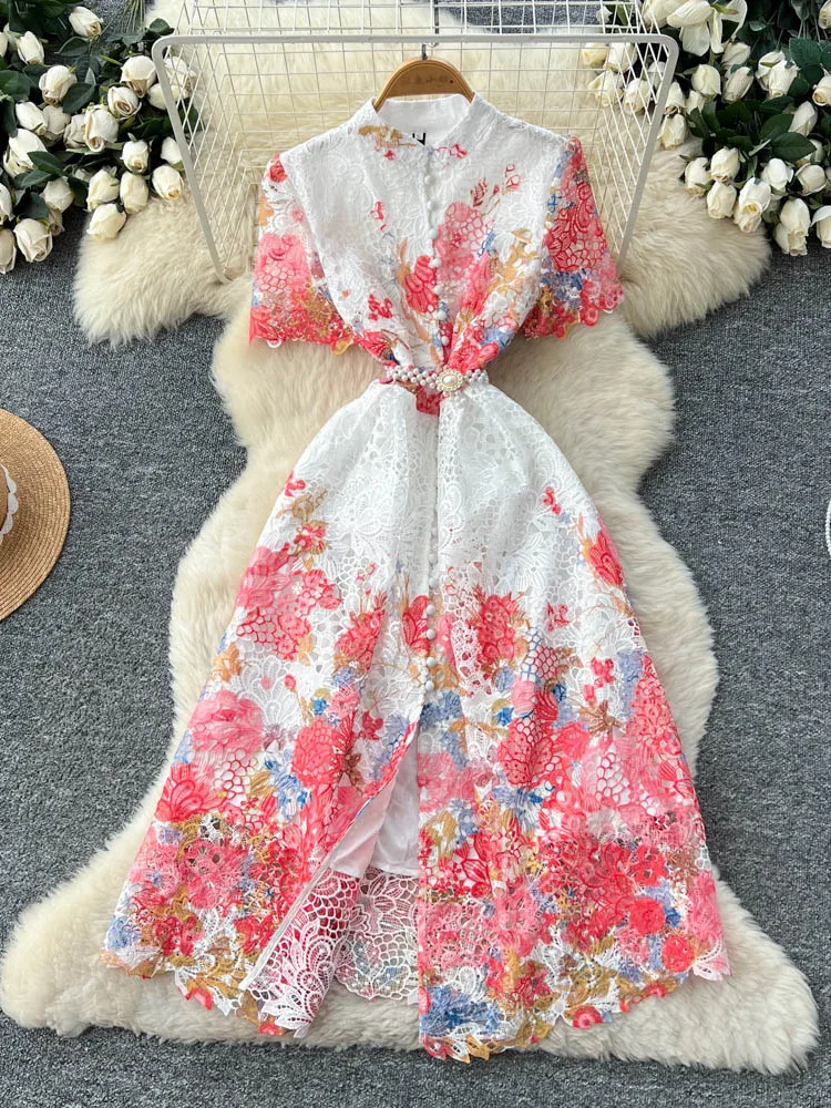 Elegante laço francês floral impressão recorte vestido feminino verão único breasted strass acentos cintura-emachecendo a linha vestido longo