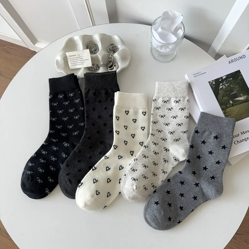 4 Pair Soft Comfortable Suitable All Seasons Sweet Style Casual Sock Butterfly Bow Heart-Shaped Printed ladies Mid Tube Socks  ﻿