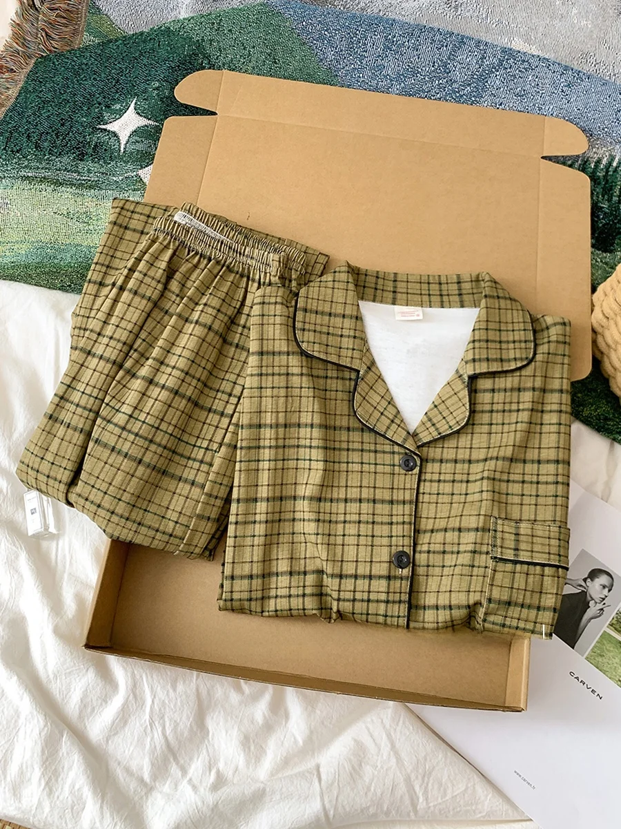 

Pure Cotton Plaid Spwear Women's Long Sve Long Pants Faionable Small Collar Open Cardigan Home Clothes 2025 New Sle