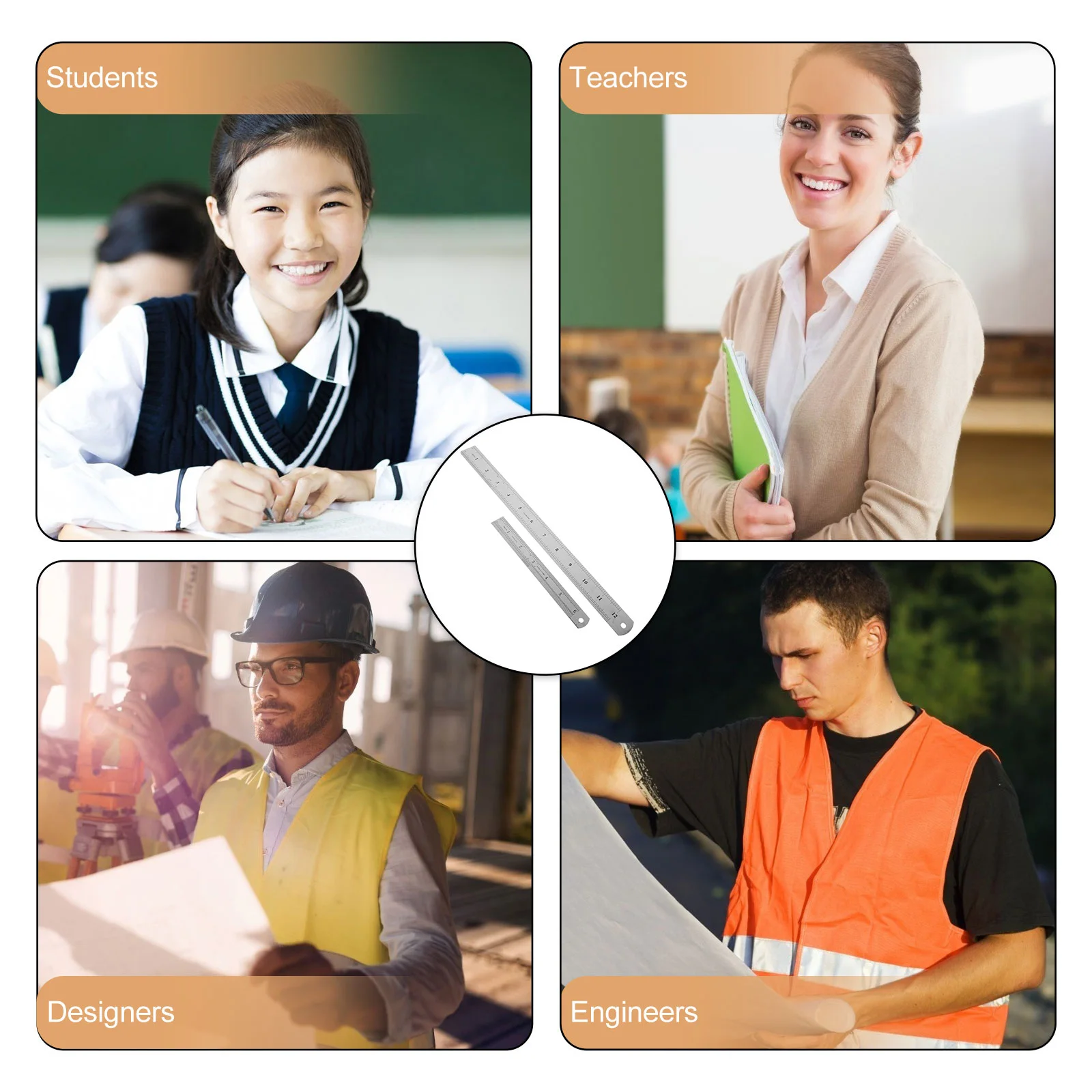 2pcs Metal Straight Dual-Scale Measuring Tool For Geometry Math Office Drafting Students Artists Designers Architects