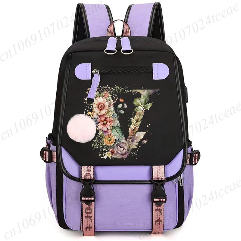 26 Alphabet Flower Women Schoolbag Waterproof Large Capacity School Backpack Zipper Teens Girl Casual Daypack Bag Student NEW