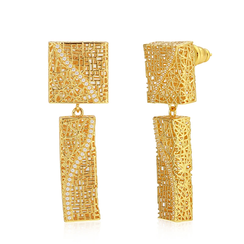 IVOG Square Bar Drop Earrings Double Layer CZ Hollow Brass Women Party Pendiente Shiny Polished Unique Fashion Jewelry