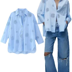 Traf-blusa bordada para mujer, camisa informal de manga larga con un solo pecho, solapa lisa, 3 colores, 2023