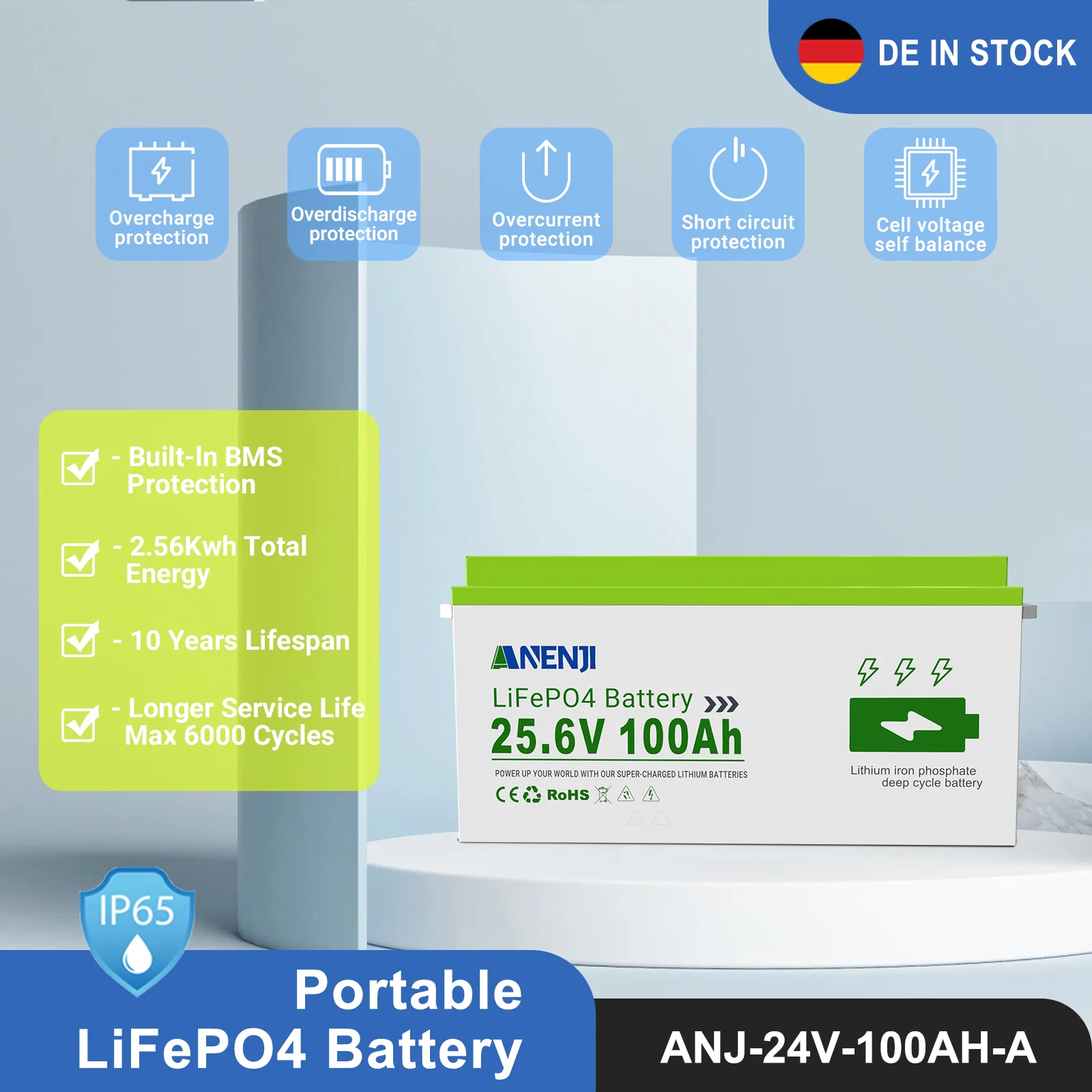24V 100Ah LiFePO4 Lithium Battery Pack Built-in BMS Rechargeable 6000+ Cycle For Marine Solar Off-grid Solar Battery System