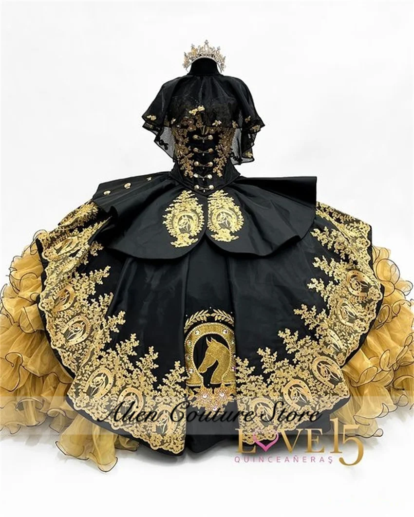 Mexican Luxury Black Quinceanera Dress Satin Gold Applique Ruffles Tiered With Cape Vestido De 15 Años Ball Gown Customized  image 2