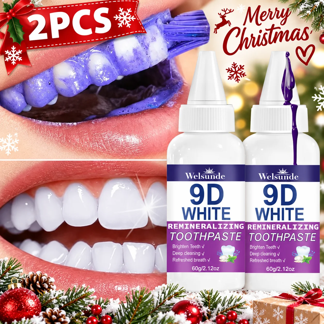 2PCS Whitening Toothpaste for Deep Cleaning & Brighter Smile, Purple Remineralizing Hydroxyapatite Toothpaste, European Formula with Minty Fresh Breath, Gentle on Gums, Travel-Size 60g*2, Ideal Oral Hygiene Gift for Women & Men, Local Warehouses