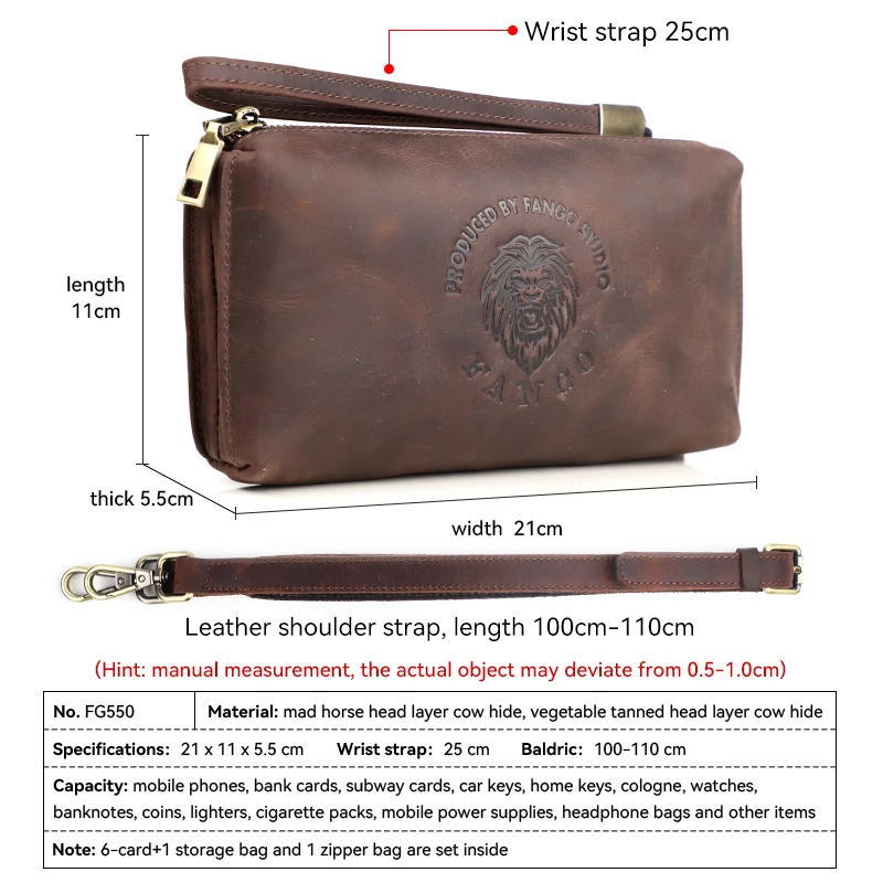 Crazy Horse Leather Clutch Wallet For Men Genuine Leather 2 In 1 Shoulder Bag Long Wallet Handbag Hand Bag For Women