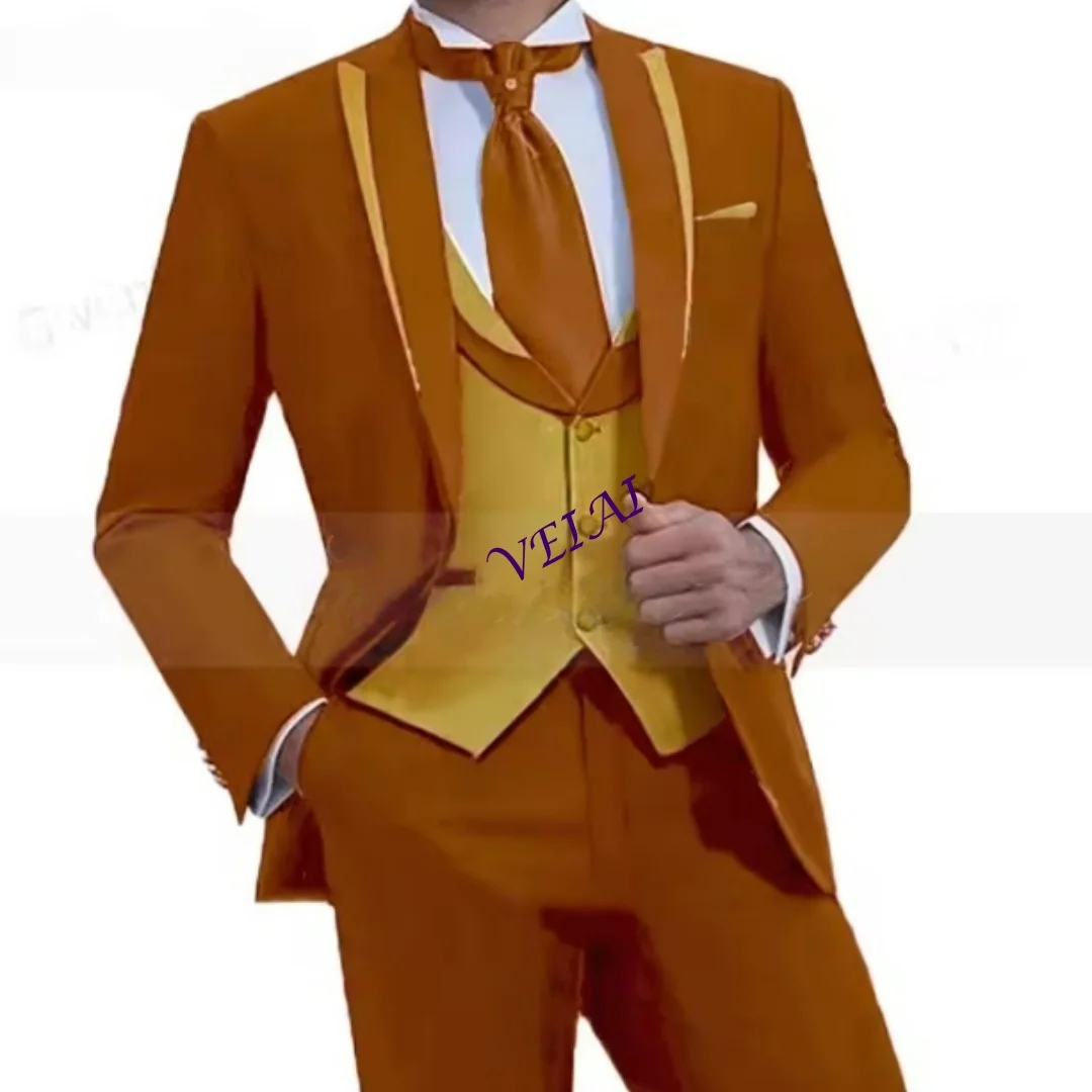 Customized Slim Fit Men's 3-Piece Suit - Black Orange Contrast Single-Breasted Formal Wedding Business Groom Outfit with Jacket