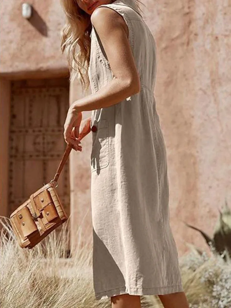 Women's dress summer new fashion V-neck single breasted buckle buckle dress pocket design sense skirt