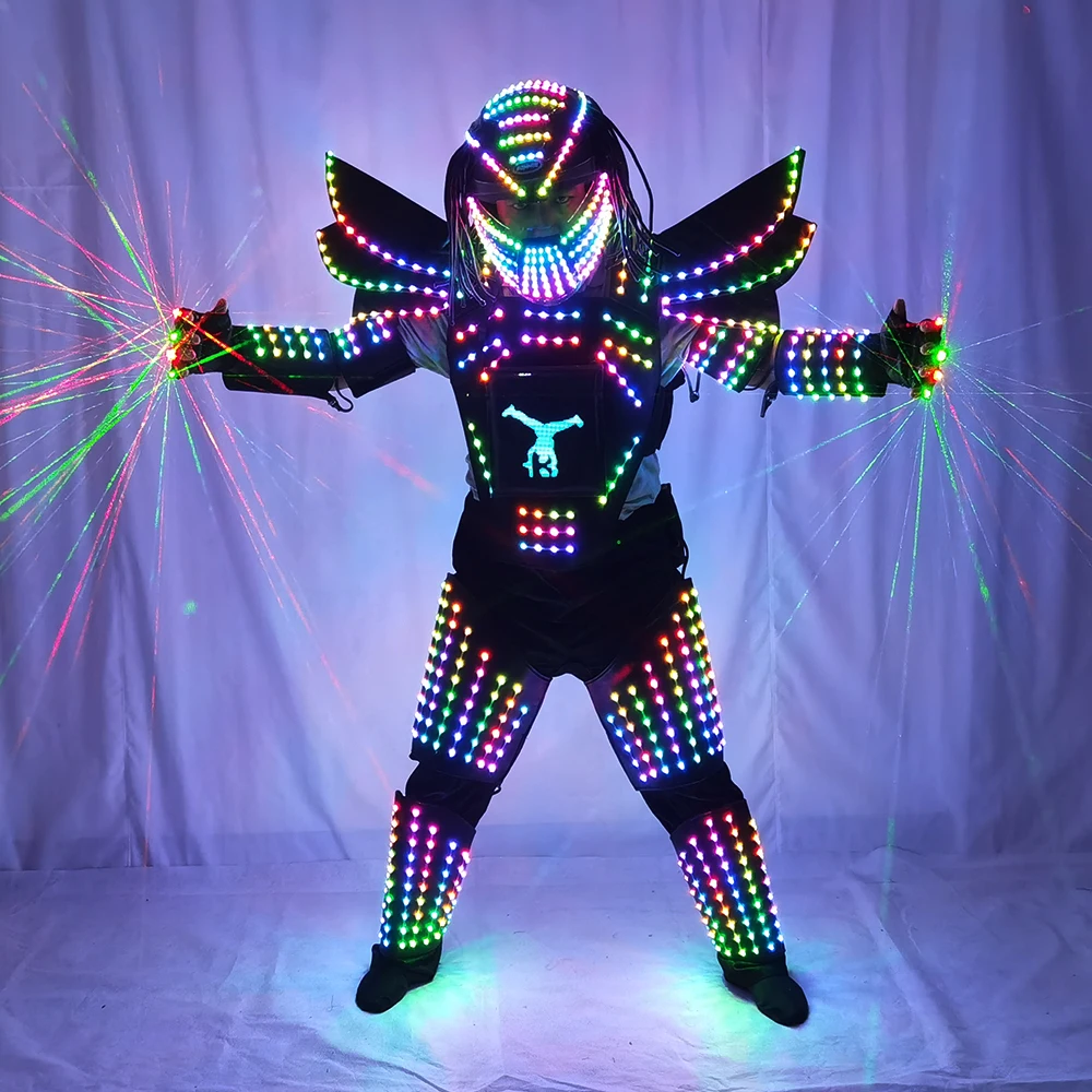 Pixels LED Robot Suit, Full Color Change, Stage Show, Singer Party Performance Wear, Helmet with Laser Gloves