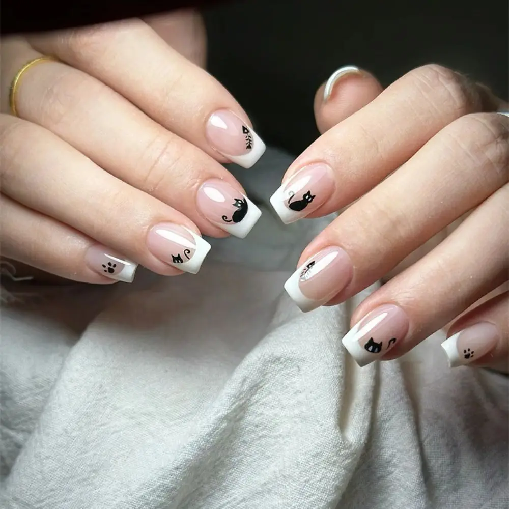 24pcs Manicure Long Almond False Nails Stiletto Black Butterfly Rose Fake Nials Detachable Halo Rainbow Cat Press on Nails DIY